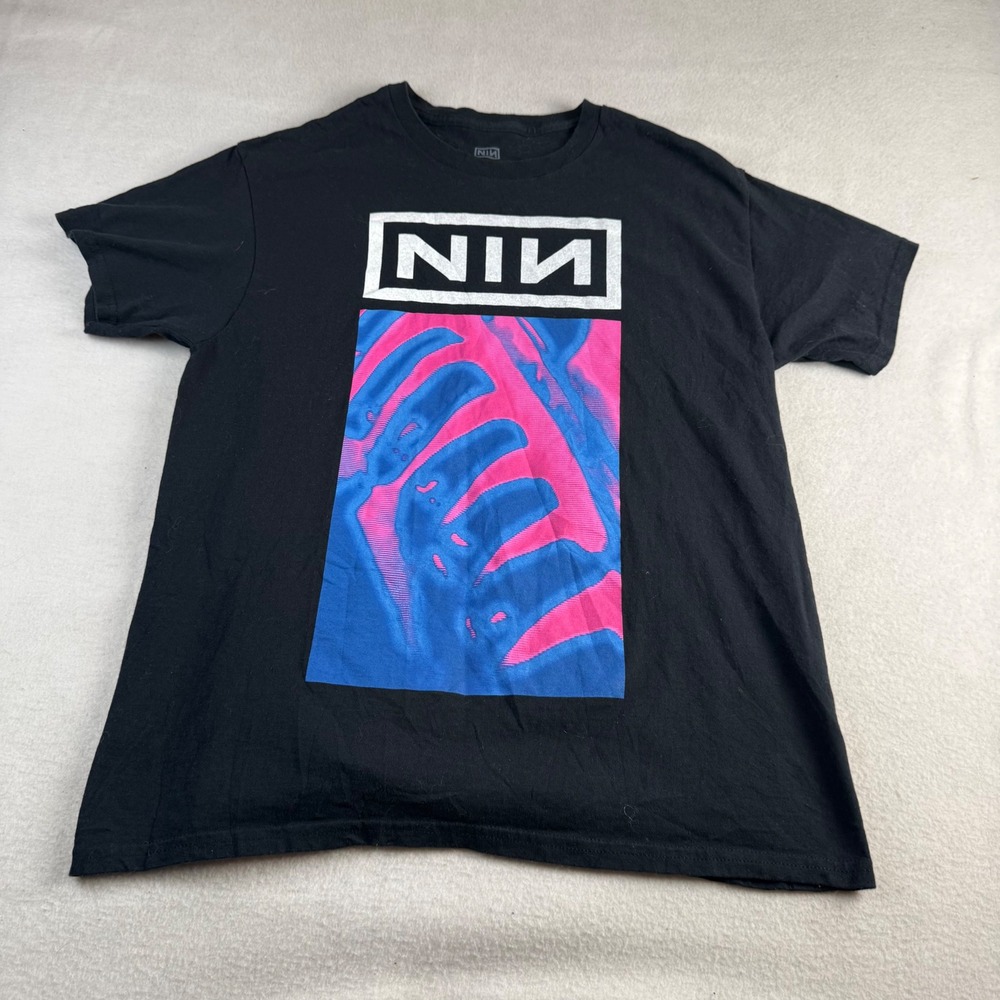 Nine Inch Nails NIN Graphic T-Shirt Mens Large Black Pink Blue Hand Print Tee